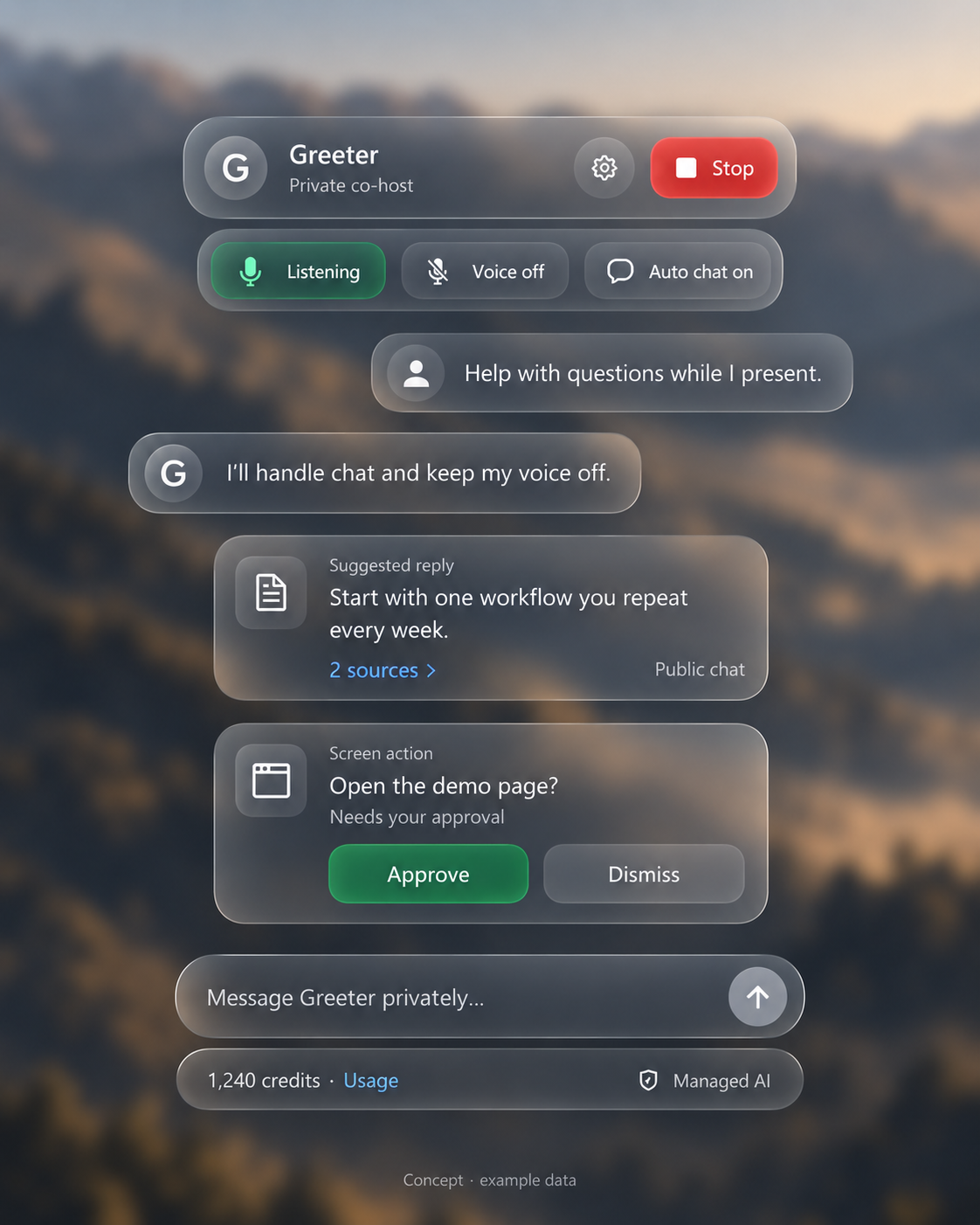 Illustrative concept of Greeter’s floating macOS interface, with a private conversation, public chat draft, screen action approval, and composer.
